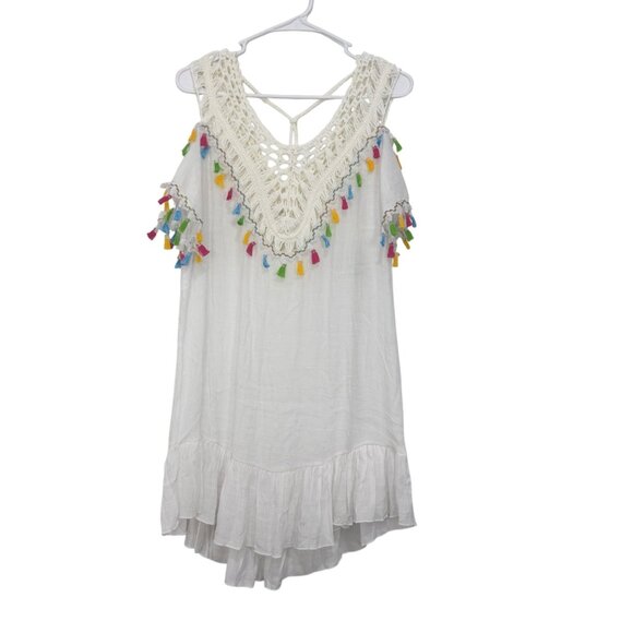 Ten Design White Crochet Tassel Coverup Dress SZ S Colorful Fringe Semi Sheer - Picture 10 of 12